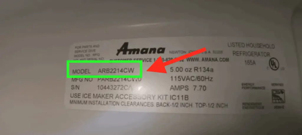 amana refrigerator model number sticker